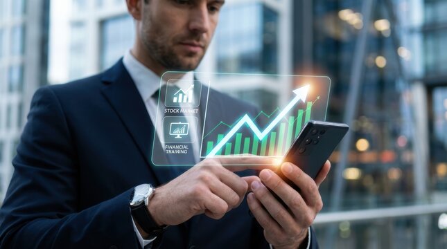Businessman analyzes stock market data and financial training on his mobile phone showing growth charts and upward trends - Powered by Adobe
