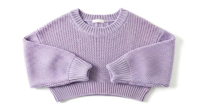  Women's lavender purple cropped knit sweater with long puff sleeves and ribbed cuffs, cozy casual oversized wool jumper isolated on a white background.