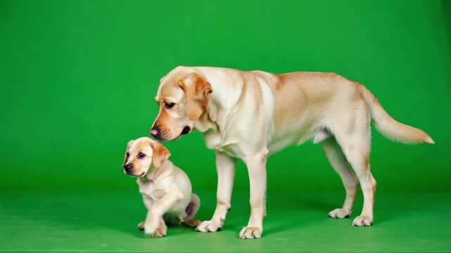 A yellow labrador retriever puppy sitting next to an adult dog on a green background studio shot dog green screen video