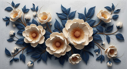 Elegant 3D Floral Relief Art with Cream Blossoms, Blue Leaves and Gold Accents, 3D Floral Wallpaper, 3D Wall Mural, 3D Floral Background.