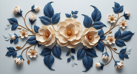 Elegant 3D Floral Relief Art with Cream Blossoms, Blue Leaves and Gold Accents, 3D Floral Wallpaper, 3D Wall Mural, 3D Floral Background.