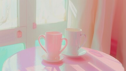 Pink Ceramic Mugs on Round Table in Bright Sunlit Room