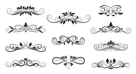 Set of elegant black and white floral ornamental dividers and calligraphic flourishes for decorative design.