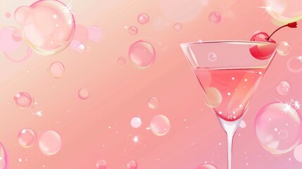 Pink Cocktail Glass with Cherries and Bubbles on Soft Pink Background
