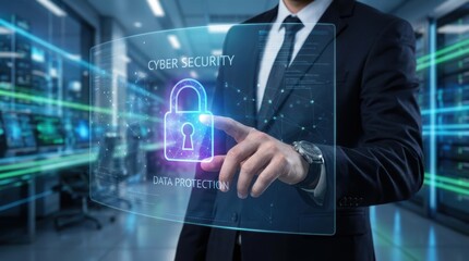 Businessman interacts with a cyber security interface for data protection and digital safety in a data center environment showing network connectivity