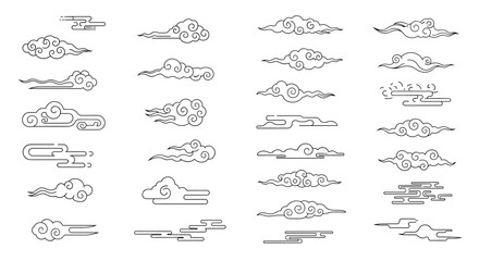 Vector illustration set featuring various traditional Chinese and Asian style auspicious cloud motifs with elegant swirling outlines.