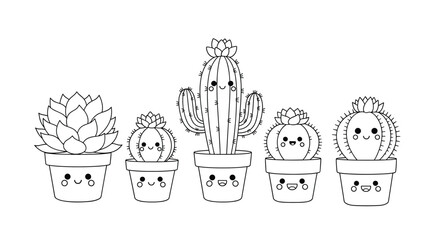 Cute cartoon succulent and a variety of happy cacti in decorative pots, rendered as black and white line art, perfect for kids' coloring.