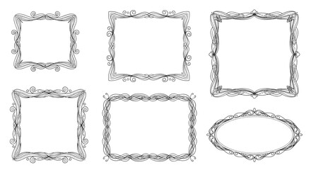 A collection of six elegant hand-drawn ornamental frames in various shapes, perfect for vintage designs, certificates, or wedding invitations.