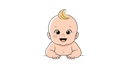 An adorable cartoon baby with blonde hair and big eyes happily smiles and peeks over a white surface.