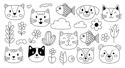 Cute hand-drawn doodle animal faces and nature elements in a simple black and white line art style for kids' designs and prints.