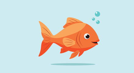 A cheerful cartoon goldfish swims happily in light blue water, depicted in a simple and friendly illustration style, with small bubbles rising.