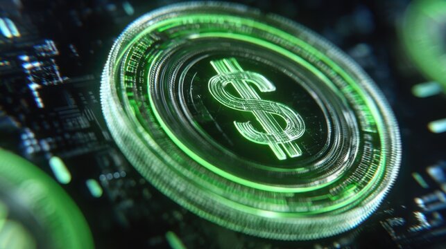 Futuristic green dollar coin floating in blockchain cyberspace with neon lights