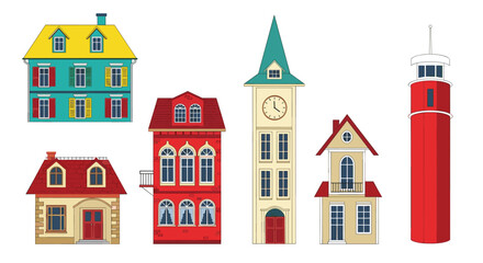 A collection of colorful and whimsical cartoon buildings, including houses, a clock tower, and a lighthouse, set against a white background.