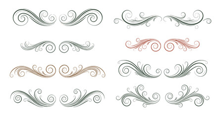 Elegant vintage scroll and swirl design elements with a distressed texture, suitable for decorative accents.