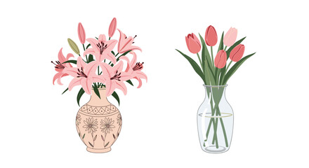 Elegant floral display with a bouquet of pink lilies in an ornate vase and vibrant tulips in a clear glass vase, set on white.