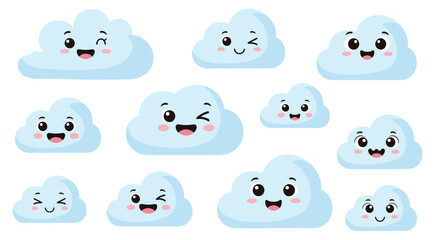 A charming assortment of cartoon clouds with delightful expressions like smiles and winks, perfect for joyful and playful themes.
