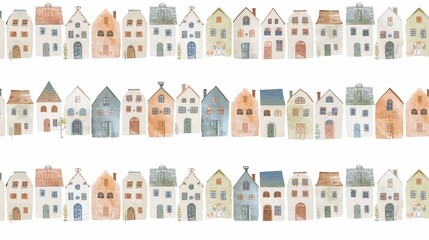 Fototapeta premium A delightful watercolor artwork showcases rows of charming houses in soft, muted tones, creating a peaceful aesthetic.