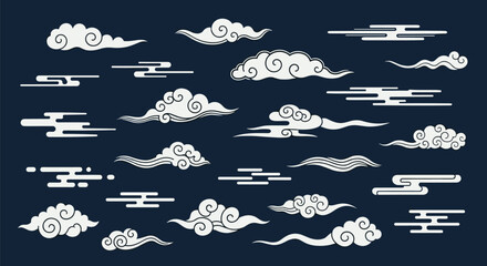 A collection of stylized oriental clouds in various shapes and sizes, set against a dark blue background, depicting traditional Asian art motifs.