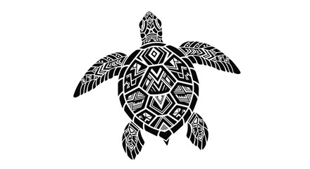 A black and white tribal style illustration of a sea turtle with intricate geometric patterns on its shell and flippers, swimming gracefully.