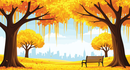 A beautiful autumn park scene with vibrant golden trees and fallen leaves, featuring a lonely bench overlooking a distant city skyline.