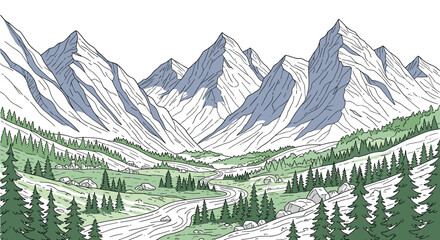 An illustrated serene alpine landscape with majestic snow-capped mountains, a winding river, and a tranquil village in a green valley.