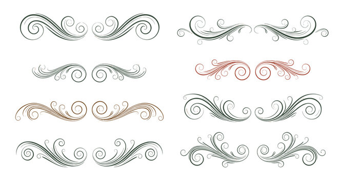 Elegant vintage scroll and swirl design elements with a distressed texture, suitable for decorative accents.