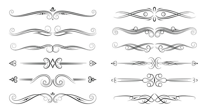 Beautiful collection of vintage-style black and white scroll dividers, ornate text separators, and decorative flourish design elements.