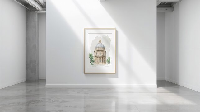 Framed architectural watercolor art adorns a crisp white wall in a minimalist modern space.