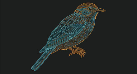 Stylized bird illustration featuring intricate patterns and fine lines in contrasting cyan and orange colors on a dark background.