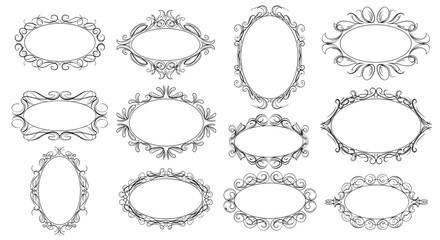 Elegant assortment of hand-drawn vintage decorative frames, including various oval and ornamental shapes with intricate scrollwork, ideal for classic designs.