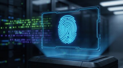 Futuristic display shows fingerprint scan with digital binary code in server room for biometric identification and access control system