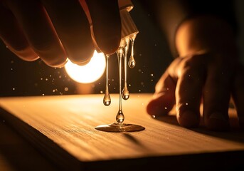 Applying adhesive carefully, creating a shimmering droplet effect close up