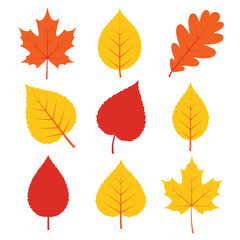 Autumn leaves icon set red yellow orange vector