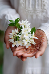 Hands offering white flowers with traditional henna art