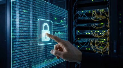 Finger touches digital lock icon on screen representing data security in a server room with binary code and network cables