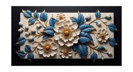 Elegant 3D Floral Relief Art with Cream Blossoms, Blue Leaves and Gold Accents, 3D Floral Wallpaper, 3D Wall Mural, 3D Floral Background.