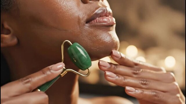Woman using a jade roller on her face, relaxing in a softly lit spa environment with candles