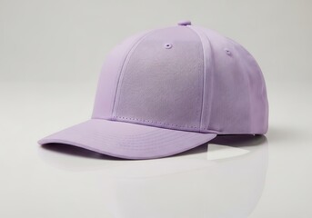 Fototapeta premium Minimalist lilac baseball cap on a reflective surface, studio shot