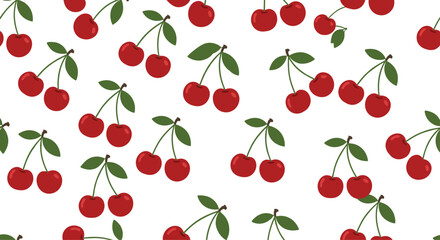 A seamless repeating pattern of cute red cherries with green leaves scattered across a clean white background for textiles.