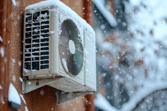 Snow Covered Outdoor Air Conditioning Unit in Winter