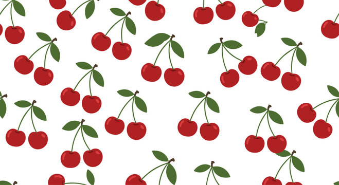 A seamless repeating pattern of cute red cherries with green leaves scattered across a clean white background for textiles.
