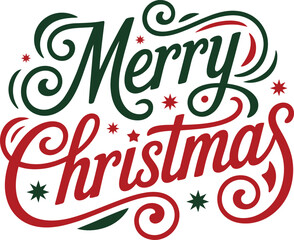 Merry christmas hand lettering design with decorative swirls and stars in classic red and green colors, holiday greeting