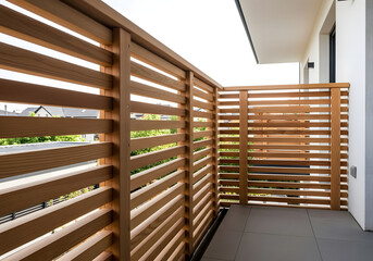A close-up of a wooden fence on a balcony, with a modern design and natural light. The slats are horizontal and provide partial privacy. The overall feel is modern and clean
