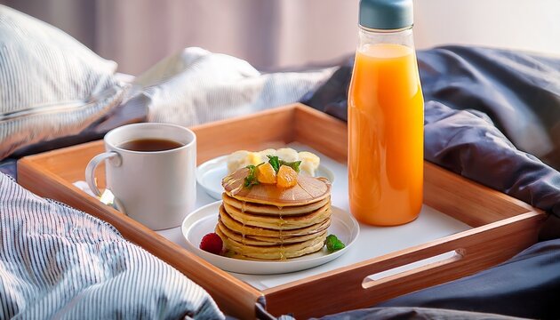 refreshing breakfast tray with pancakes orange juice and insulated bottle on a stylish bed background perfect for morning relaxation and indulgence
