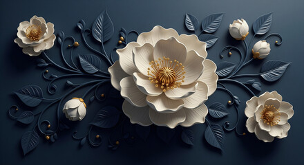 Elegant 3D Floral Relief Art with Cream Blossoms, Blue Leaves and Gold Accents, 3D Floral Wallpaper, 3D Wall Mural, 3D Floral Background.