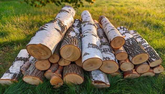 a neatly stacked pile of birch firewood in a grassy area showcasing the natural texture and color of the logs ideal for outdoor and home heating themes