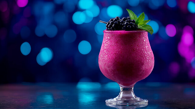Vibrant purple berry cocktail in frosted glass with blackberries and mint garnish against glowing blue and pink bokeh background