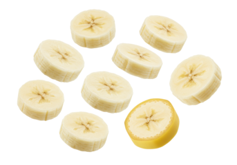 Five to seven perfectly sliced fresh bananas gracefully floating in mid-air on a transparent studio background with copy space, high-key lighting, concept of natural freshness and health.