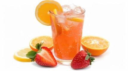 Refreshing Orange Strawberry Fruit Drink with Ice and Citrus Slices on White Background