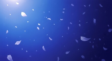 Dreamy blossom petal drift on cerulean backdrop for a delicate artistic mood and elegance, evoking calmness and serenity